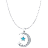 Lab Created Blue Opal & CZ Moon & Stars Pendant Rolo Chain Necklace 925 Sterling Silver