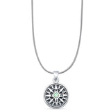 Round Lab Created White Opal Compass Pendant Snake Chain Necklace Oxidized 925 Sterling Silver