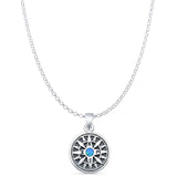 Round Lab Created Blue Opal Compass Pendant Rolo Chain Necklace Oxidized 925 Sterling Silver