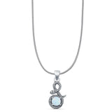 Round Lab Created White Opal Snake Pendant Snake Chain Necklace Oxidized 925 Sterling Silver