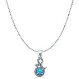 Round Lab Created Blue Opal Snake Pendant Box Chain Necklace Oxidized 925 Sterling Silver
