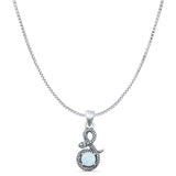 Round Lab Created White Opal Snake Pendant Box Chain Necklace Oxidized 925 Sterling Silver