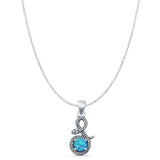 Round Lab Created Blue Opal Snake Pendant Cable Chain Necklace Oxidized 925 Sterling Silver