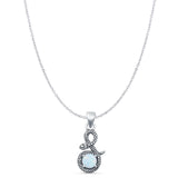 Round Lab Created White Opal Snake Pendant Cable Chain Necklace Oxidized 925 Sterling Silver
