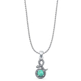 Round Turquoise Snake Pendant Rope Chain Necklace Oxidized 925 Sterling Silver