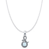 Round Lab Created White Opal Snake Pendant Rolo Chain Necklace Oxidized 925 Sterling Silver
