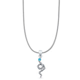 Round Lab Created Blue Opal Snake Pendant Snake Chain Necklace Oxidized 925 Sterling Silver