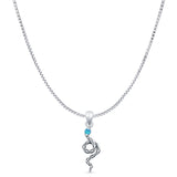 Round Lab Created Blue Opal Snake Pendant Box Chain Necklace Oxidized 925 Sterling Silver