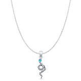 Round Lab Created Blue Opal Snake Pendant Cable Chain Necklace Oxidized 925 Sterling Silver