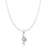 Round Lab Created White Opal Snake Pendant Rolo Chain Necklace Oxidized 925 Sterling Silver