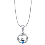 Heart Lab Created Blue Opal Claddagh Trinity Pendant Rope Chain Necklace Oxidized 925 Sterling Silver