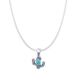 Oval Lab Created Blue Opal Cactus Pendant Rolo Chain Necklace Oxidized 925 Sterling Silver