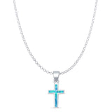 Lab Created Blue Opal Cross Pendant Rolo Chain Necklace  925 Sterling Silver