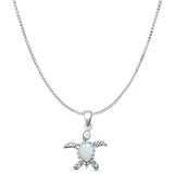 Lab Created White Opal Oxidized Turtle Pendant Box Chain Necklace  925 Sterling Silver