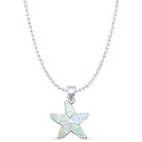 Lab Created White Opal Starfish Pendant Bead Chain Necklace  925 Sterling Silver