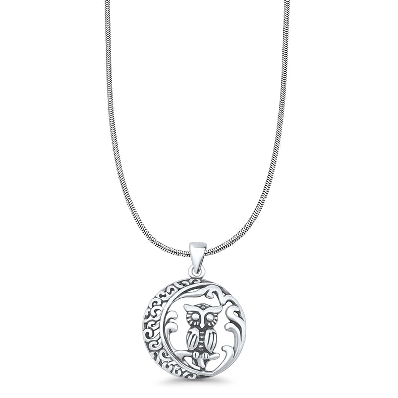 Filigree Owl & Moon Pendant Necklace