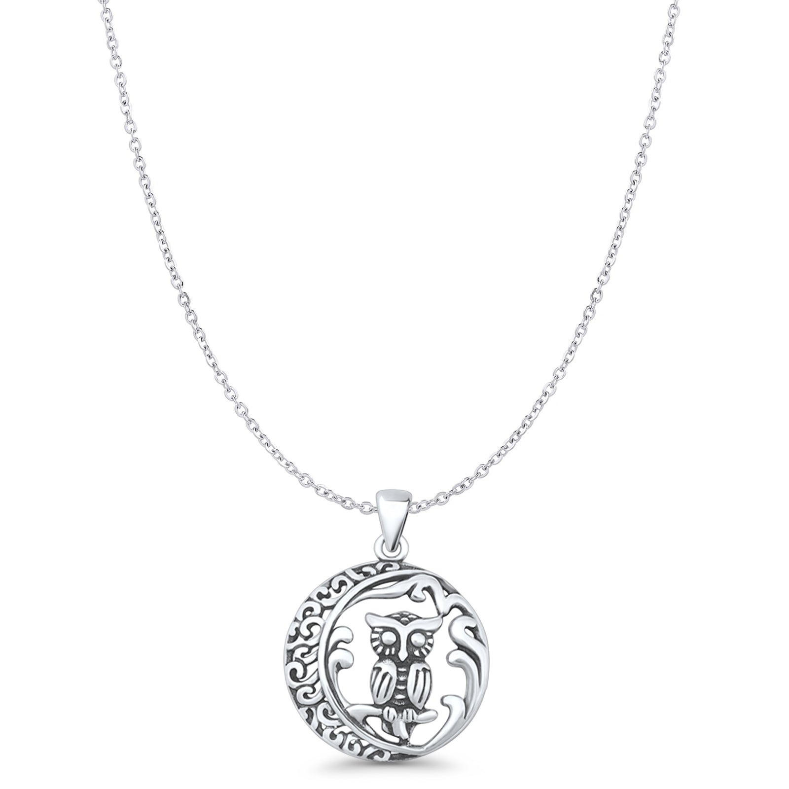Filigree Owl & Moon Pendant Necklace