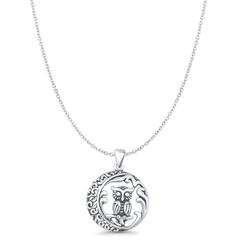 Filigree Owl & Moon Pendant Necklace