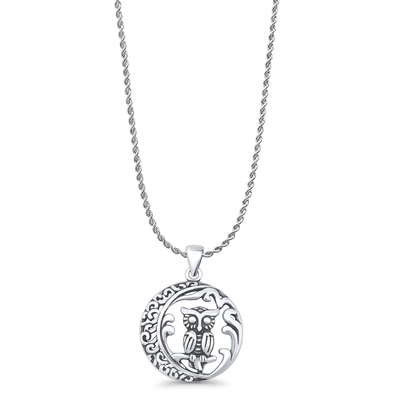 Filigree Owl & Moon Pendant Necklace