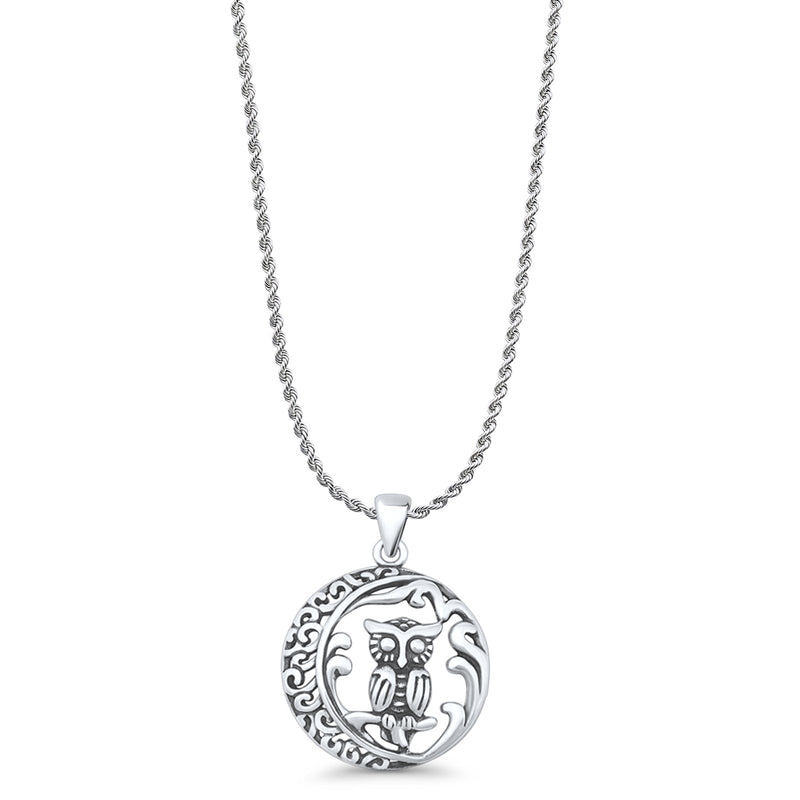 Filigree Owl & Moon Pendant Necklace