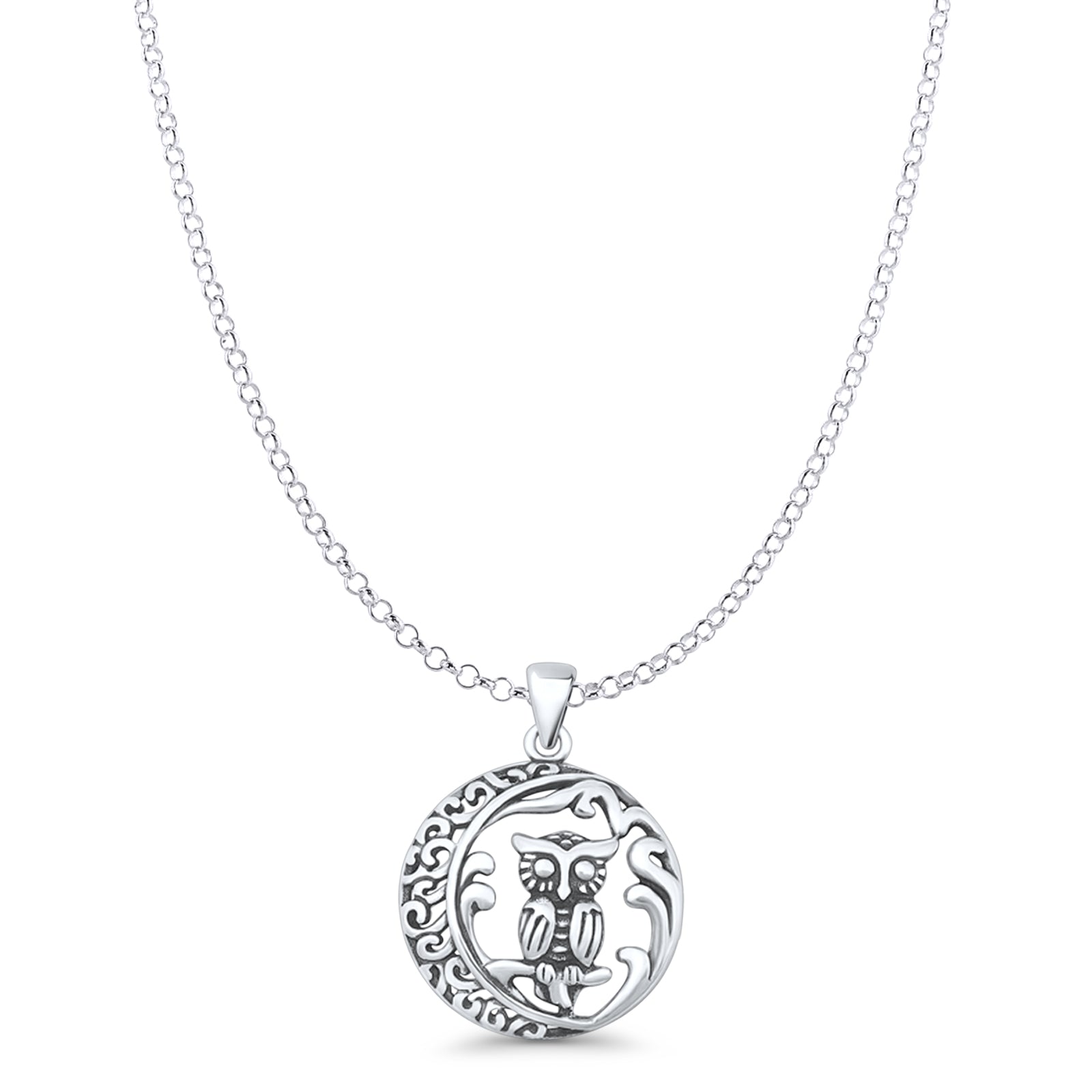 Filigree Owl & Moon Pendant Necklace