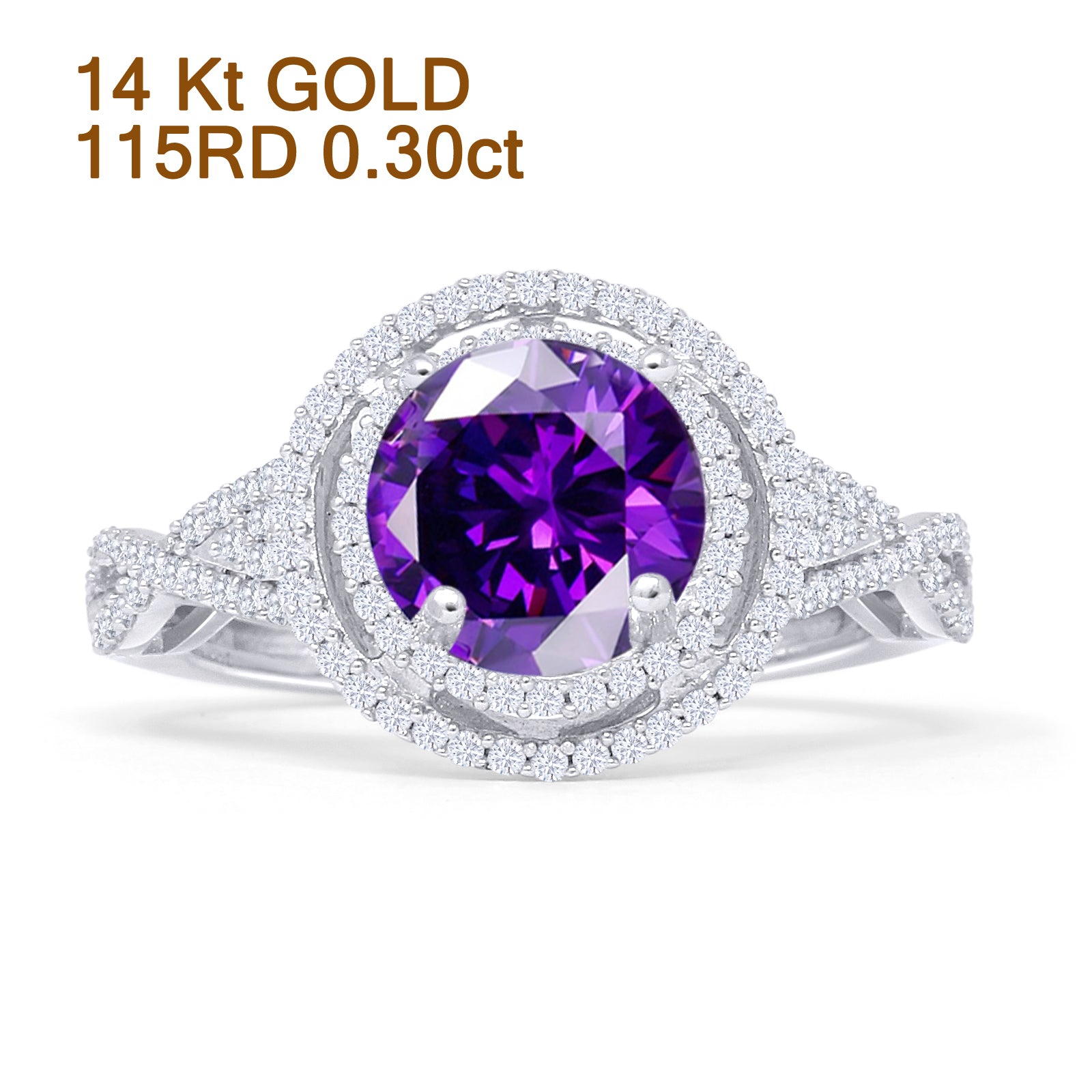 Round Halo Twisted Split Shank Diamond Gold Ring