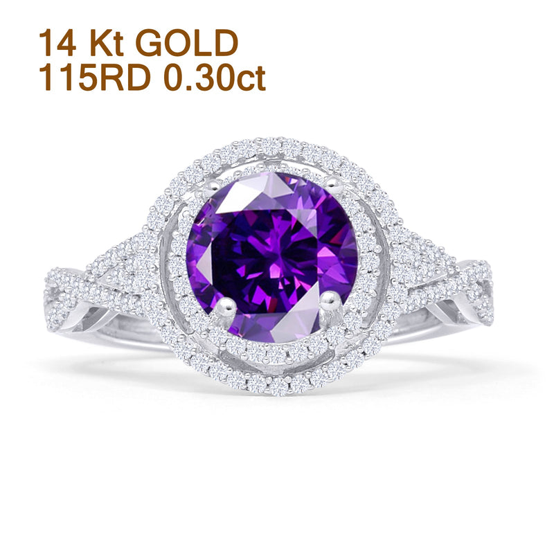 Round Halo Twisted Split Shank Diamond Gold Ring
