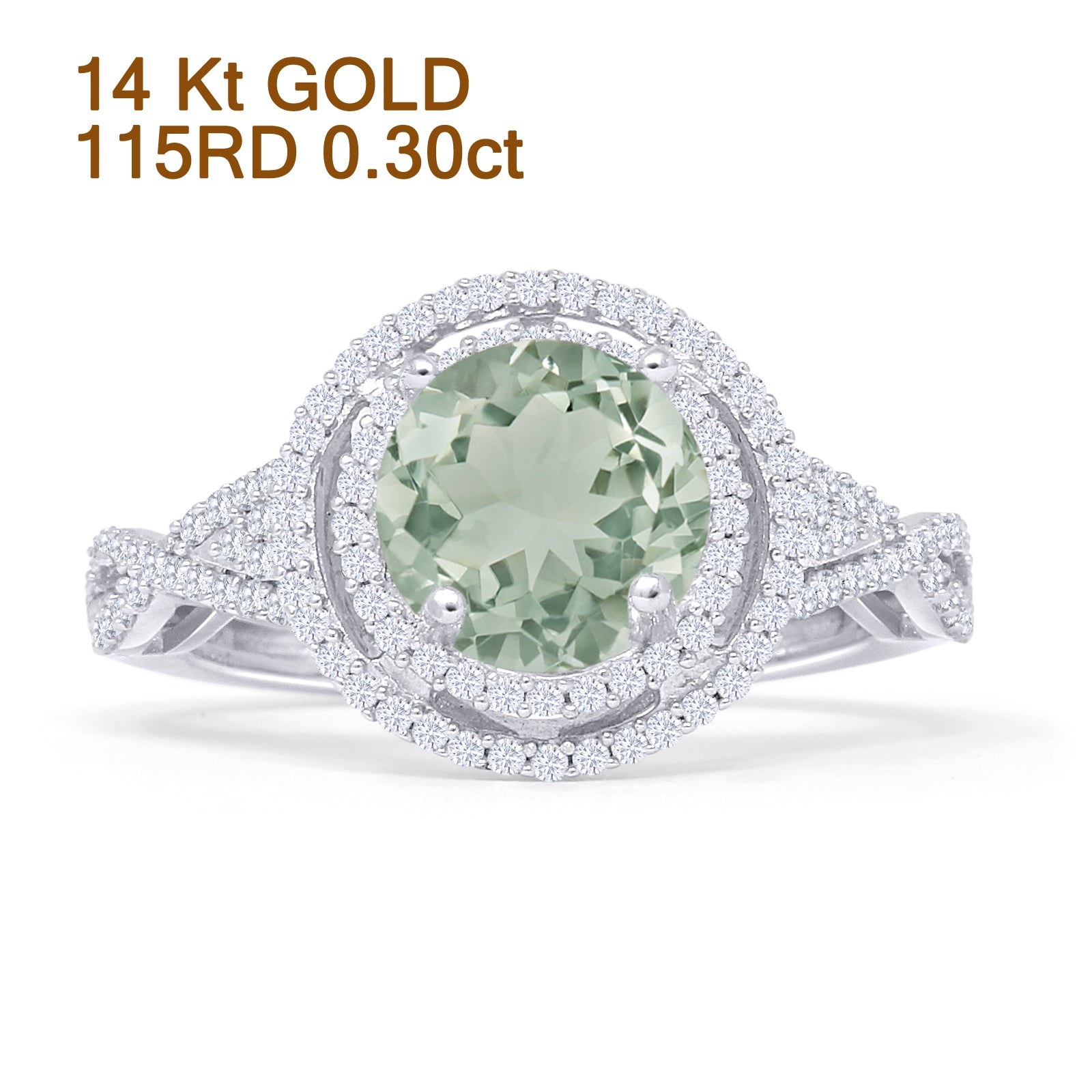 Round Halo Twisted Split Shank Diamond Gold Ring