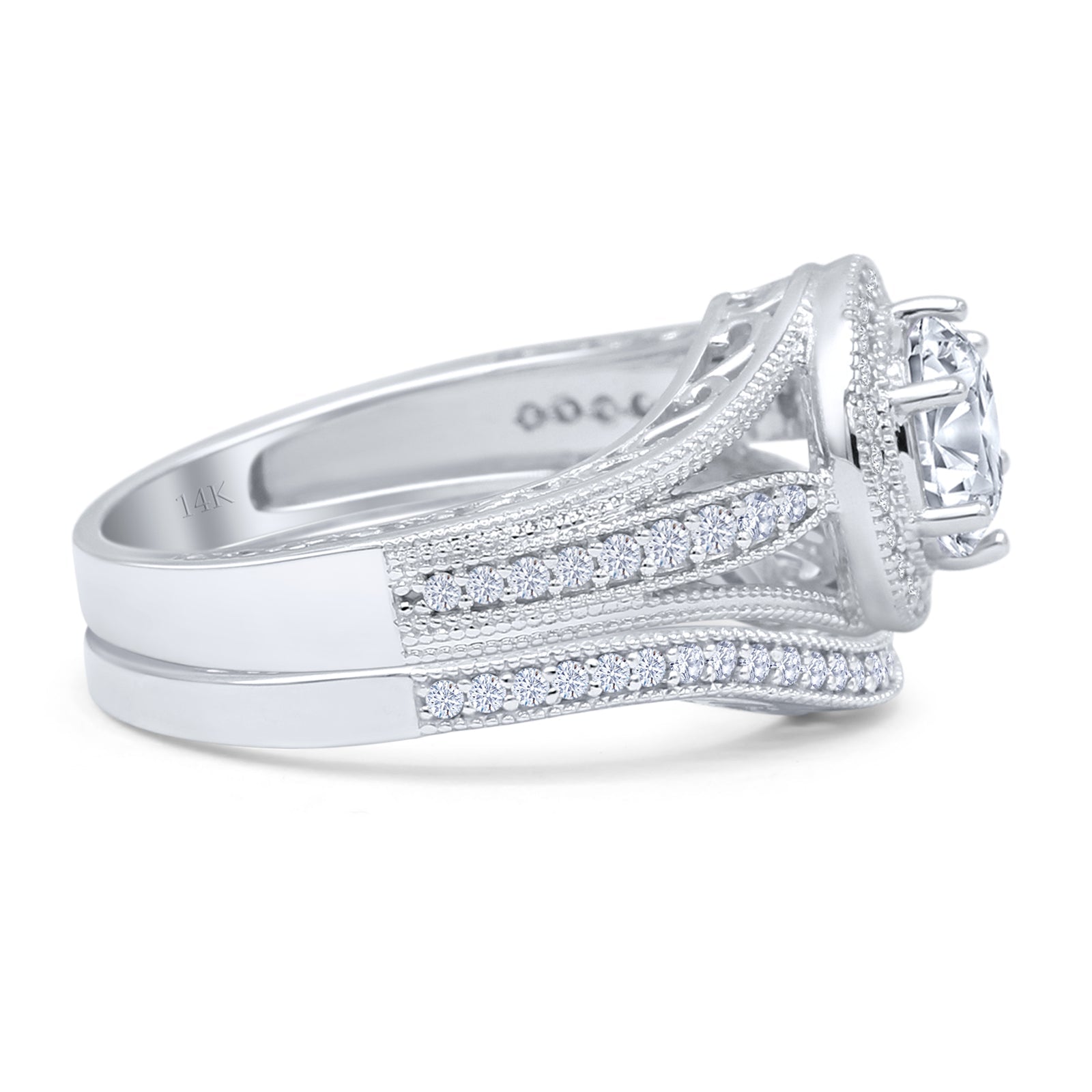 Two Piece Round Halo Split Shank Bridal Gold Ring