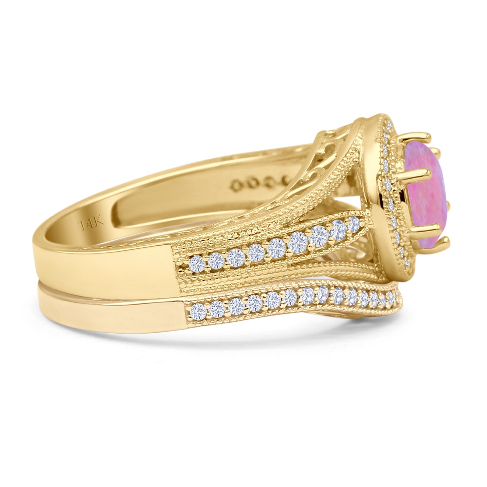 Two Piece Round Halo Split Shank Beaded Gold Ring