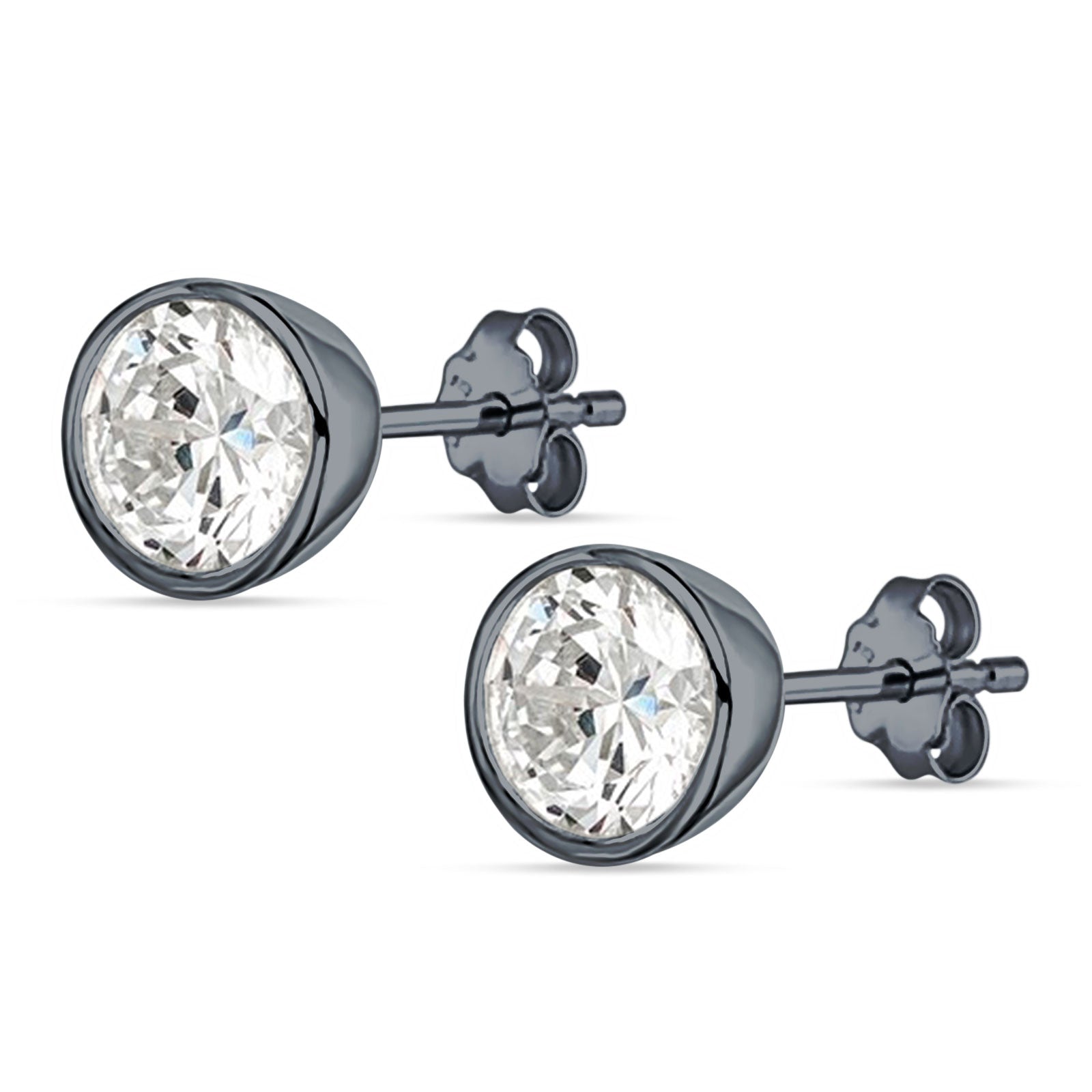 Round 7mm Cubic Zirconia Solitaire Stud Earring Bezel Set 925 Sterling Silver