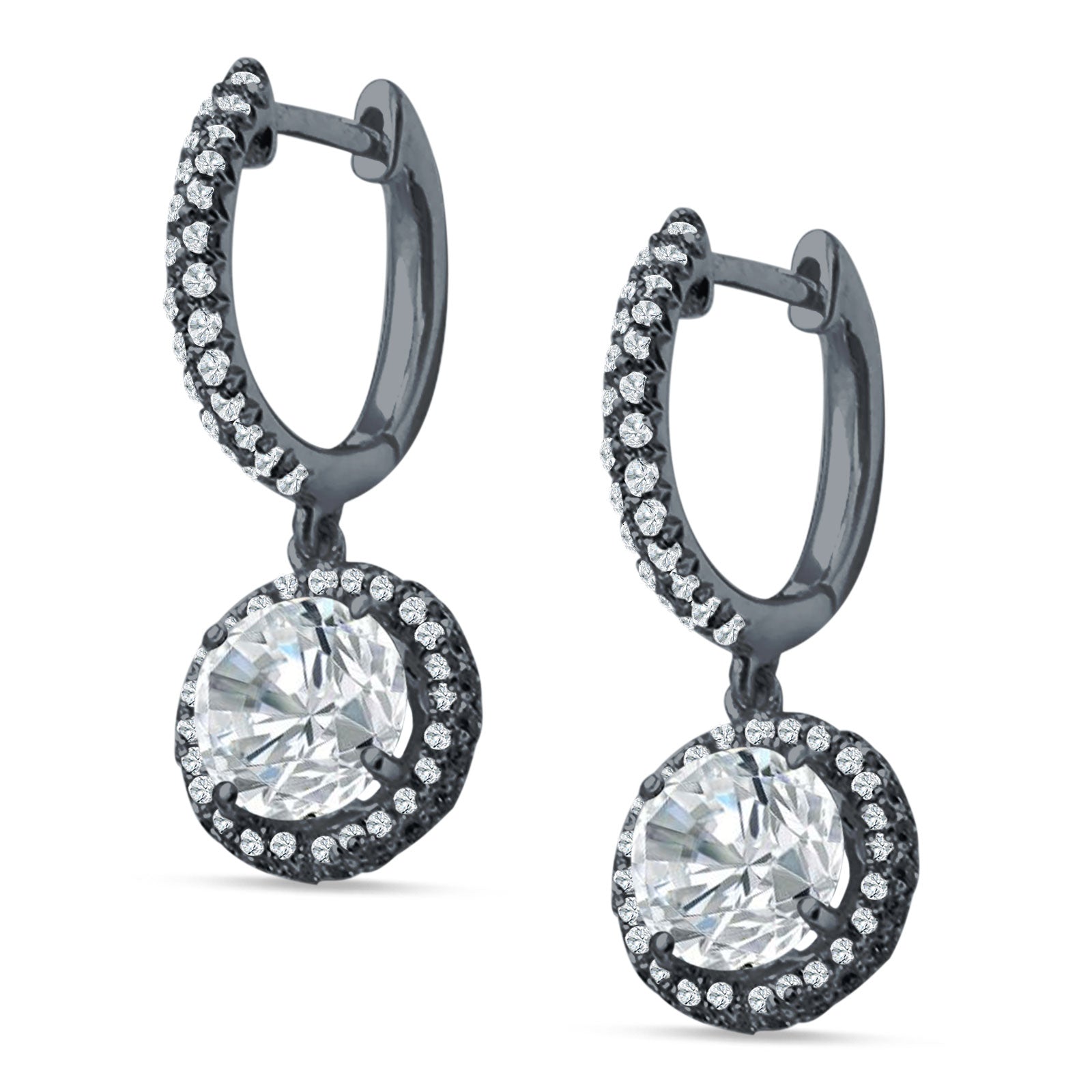 Round Halo Drop Dangle Hoop Earring Cubic Zirconia 925 Sterling Silver