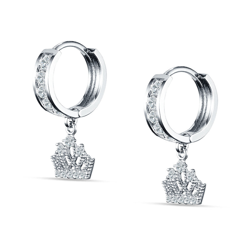 Princess Crown Hoop Earrings Cubic Zirconia 925 Sterling Silver