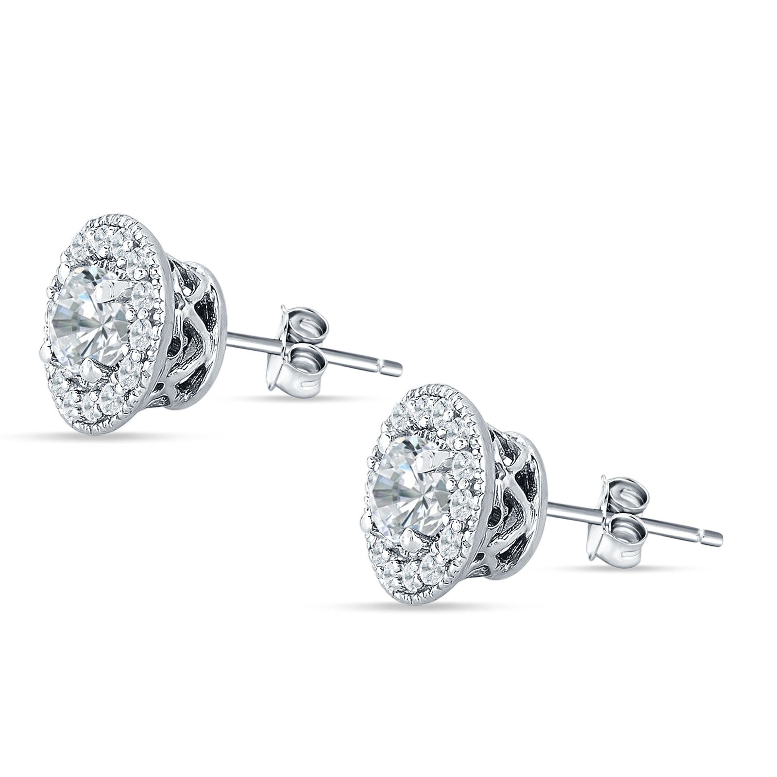 Round Halo Stud Earring Cubic Zirconia 925 Sterling Silver