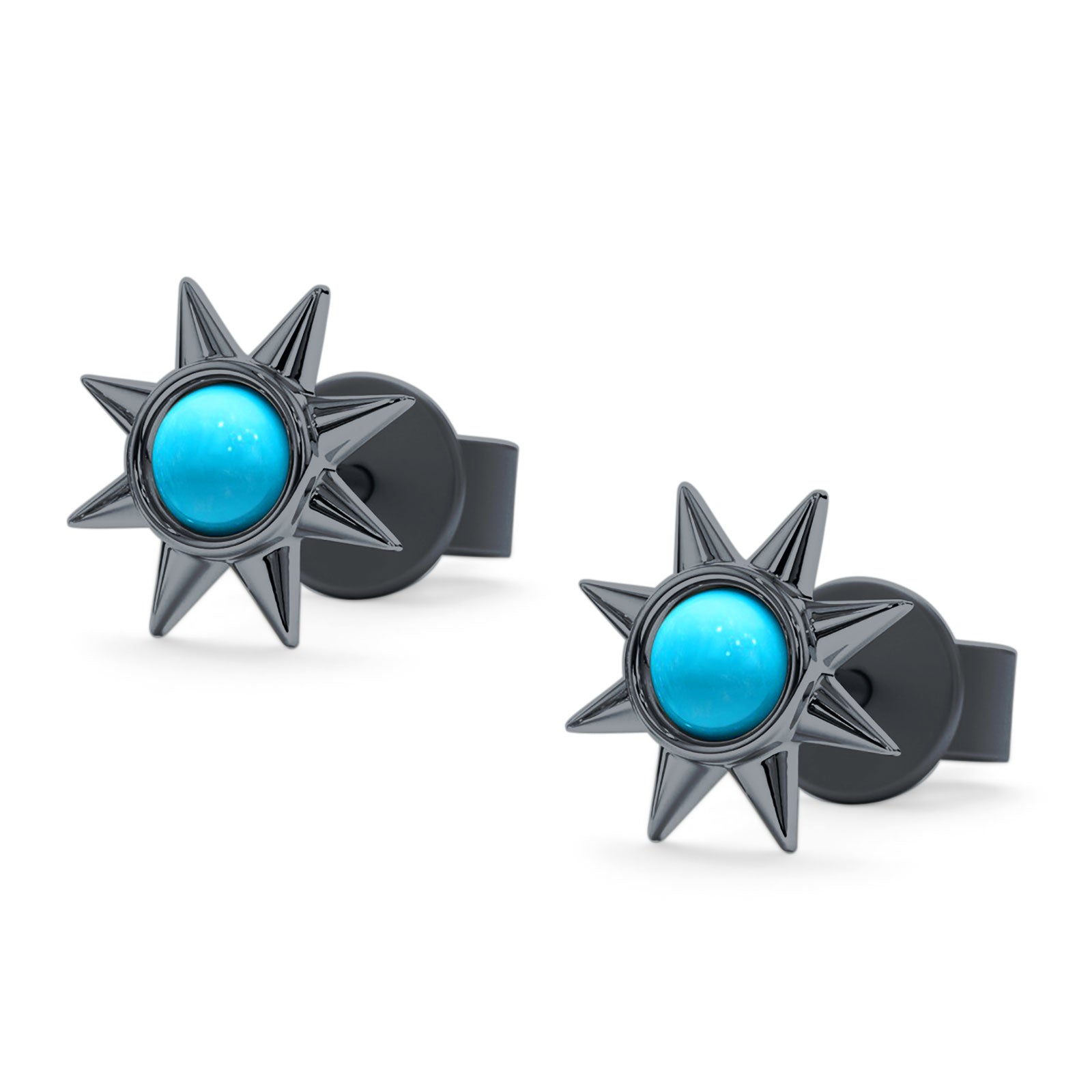 Minimalist Sun Black Onyx & Turquoise Stud Earring 925 Sterling Silver