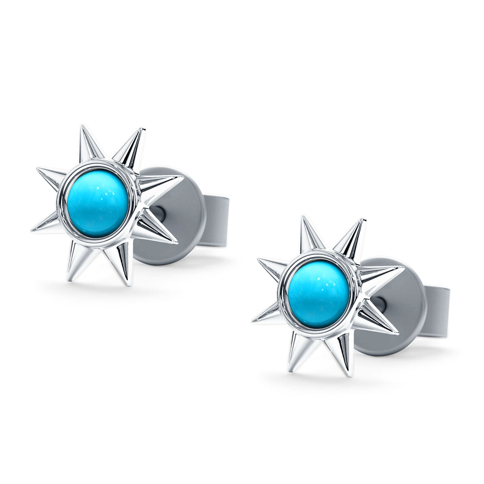 Minimalist Sun Black Onyx & Turquoise Stud Earring 925 Sterling Silver