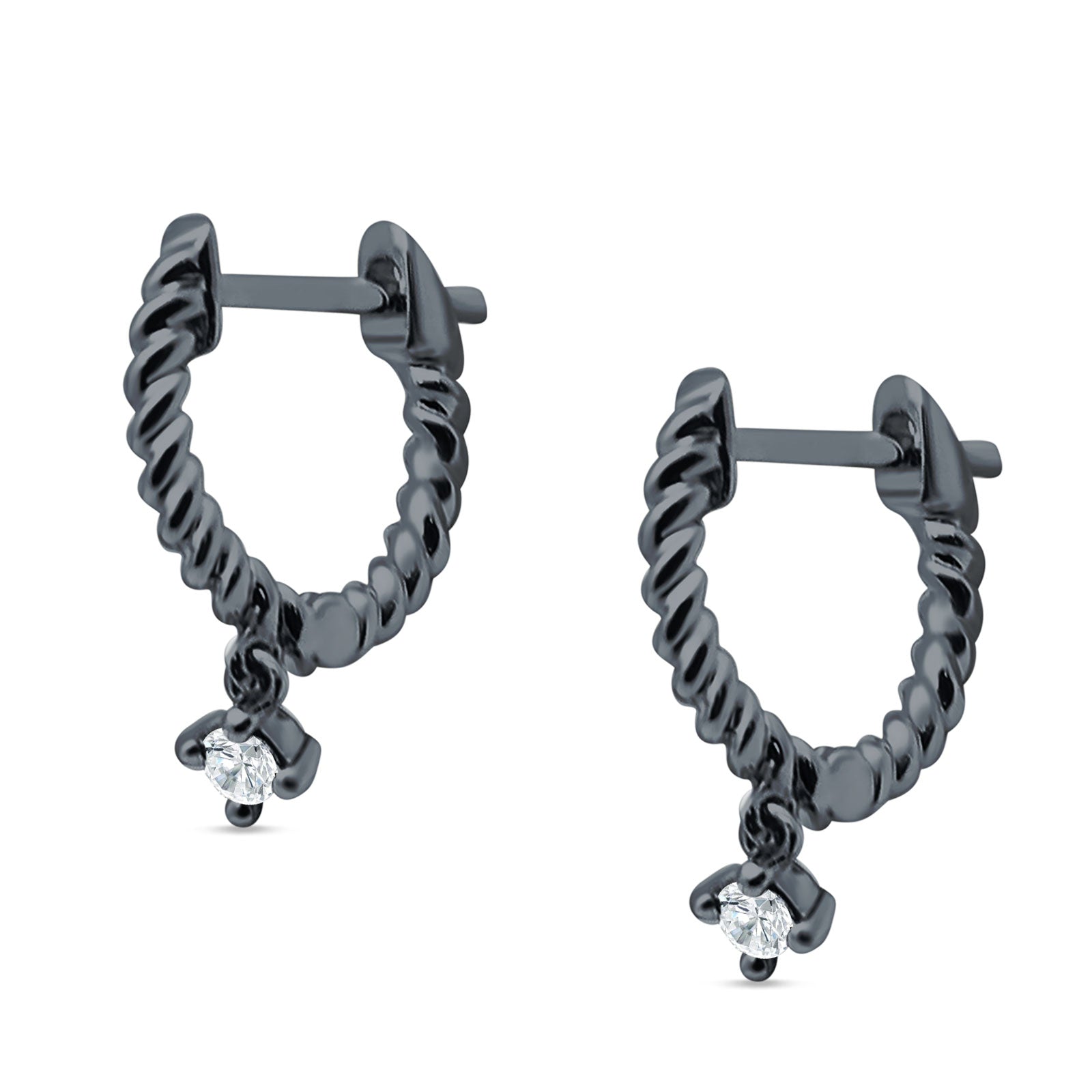 Twisted Rope Dangling Solitaire Hoop Earring Cubic Zirconia 925 Sterling Silver