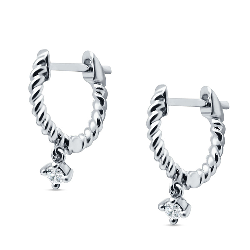 Twisted Rope Dangling Solitaire Hoop Earring Cubic Zirconia 925 Sterling Silver