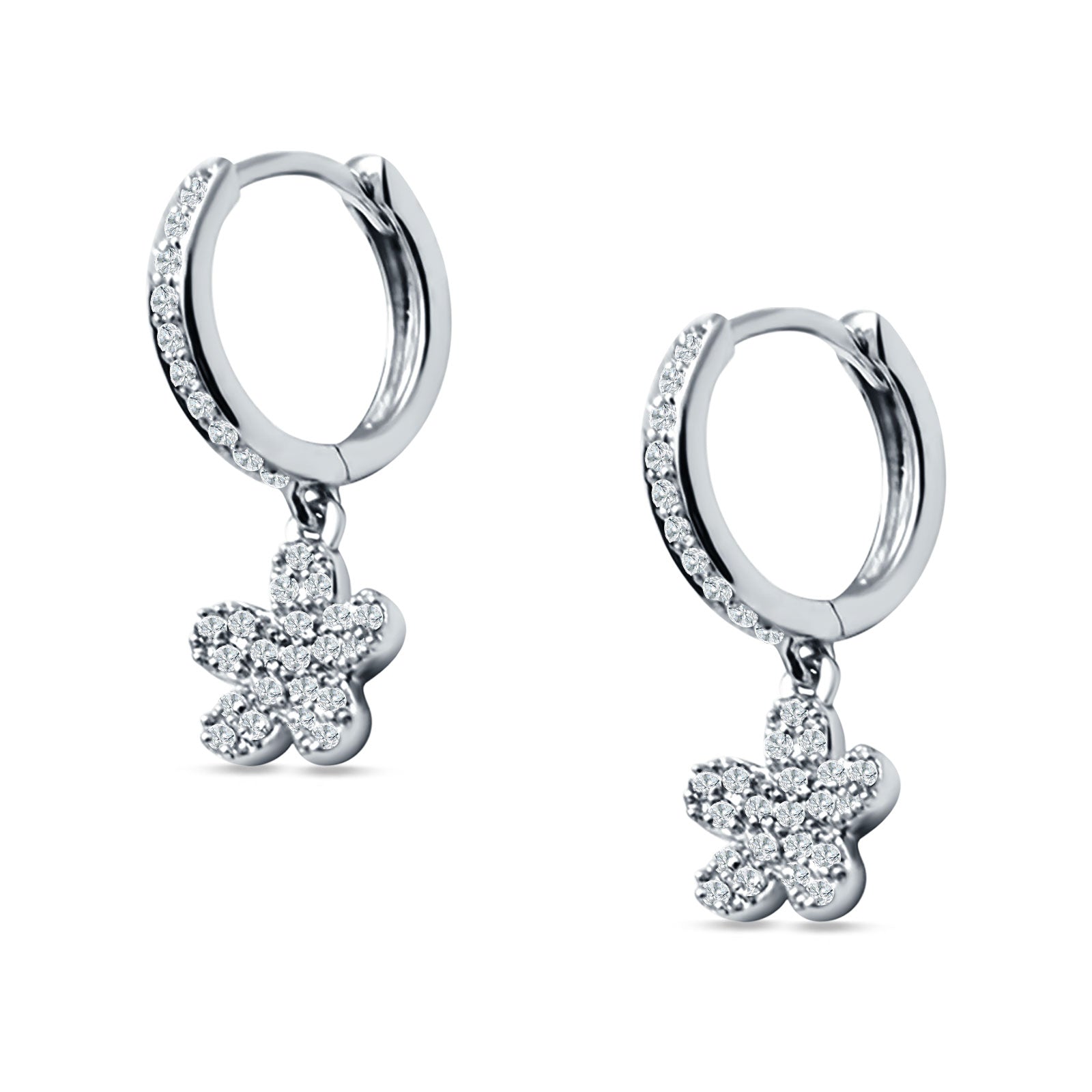 Flower Cluster Charm Huggie Hoop Earring Cubic Zirconia 925 Sterling Silver