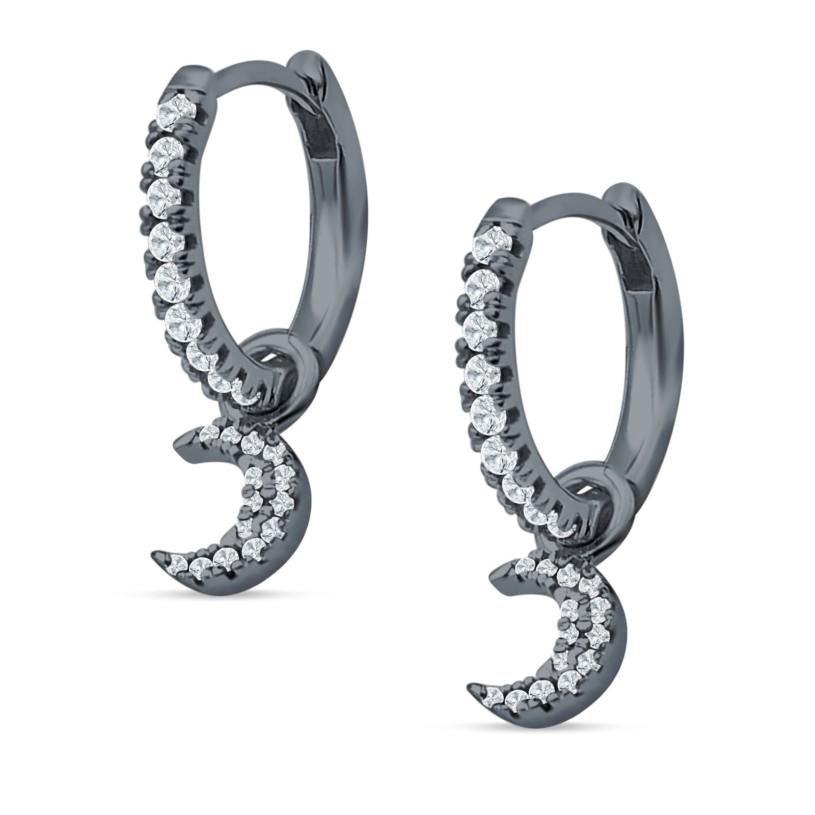 Crescent Moon Charm Huggie Hoop Earring Cubic Zirconia 925 Sterling Silver