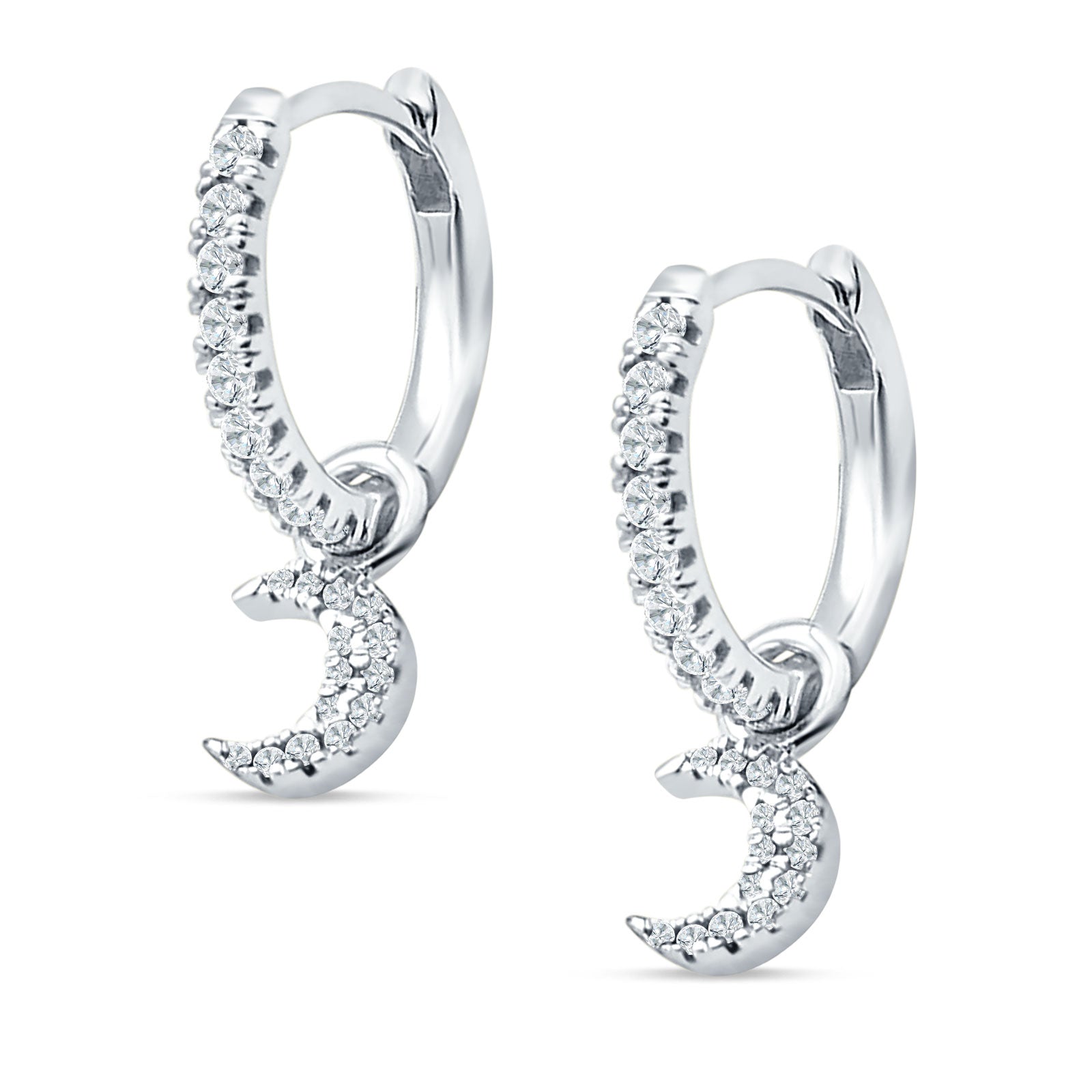 Crescent Moon Charm Huggie Hoop Earring Cubic Zirconia 925 Sterling Silver