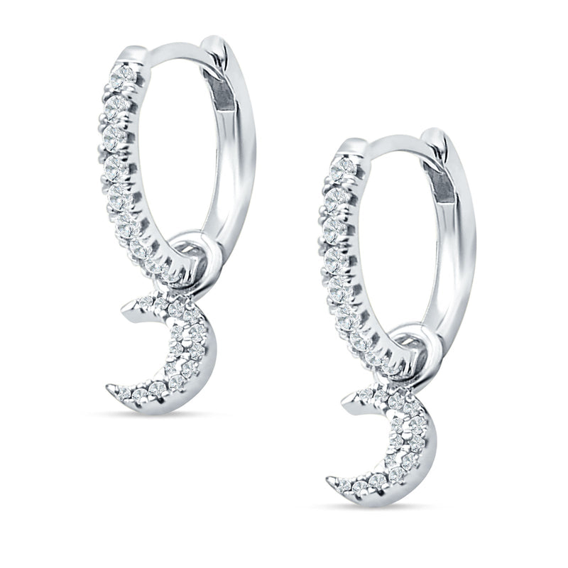 Crescent Moon Charm Huggie Hoop Earring Cubic Zirconia 925 Sterling Silver