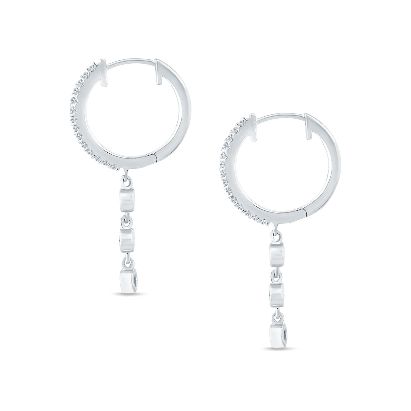 Three Stone Charm Oblong Hoop Earring Cubic Zirconia 925 Sterling Silver