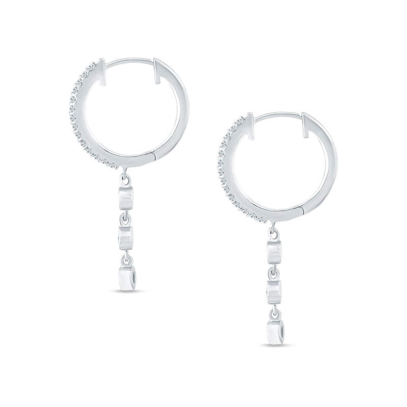 Three Stone Charm Oblong Hoop Earring Cubic Zirconia 925 Sterling Silver