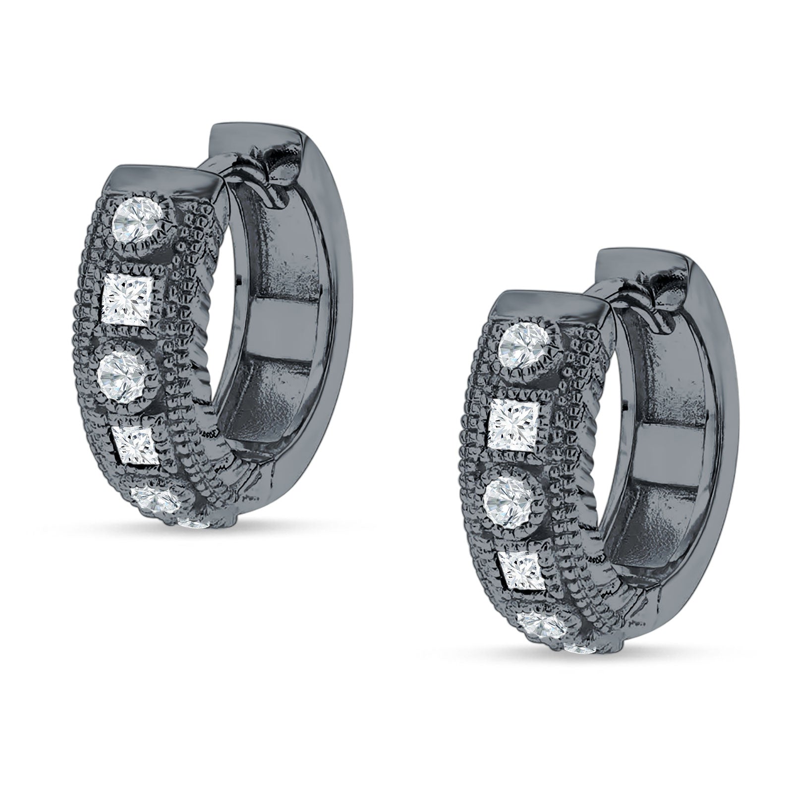 Round & Princess Cut Cubic Zirconia Huggie Hoop Earring 925 Sterling Silver