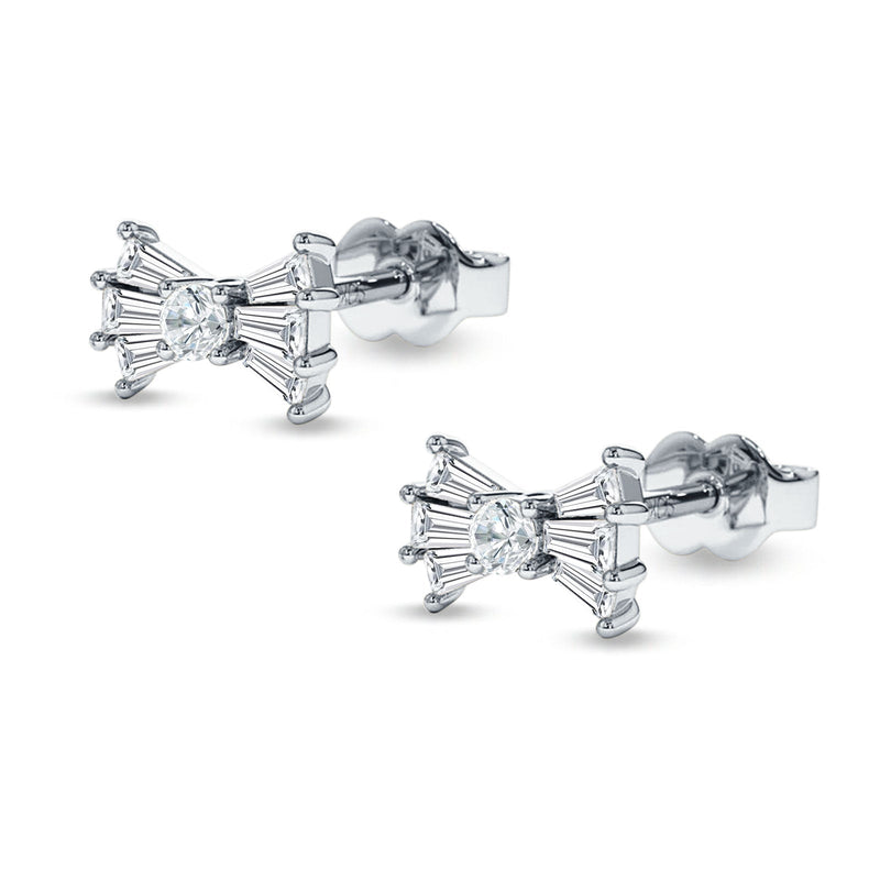 Baguette & Round Bow Stud Earring Cubic Zirconia 925 Sterling Silver