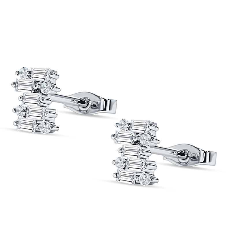 Baguette & Round Cluster Stud Earring Cubic Zirconia 925 Sterling Silver