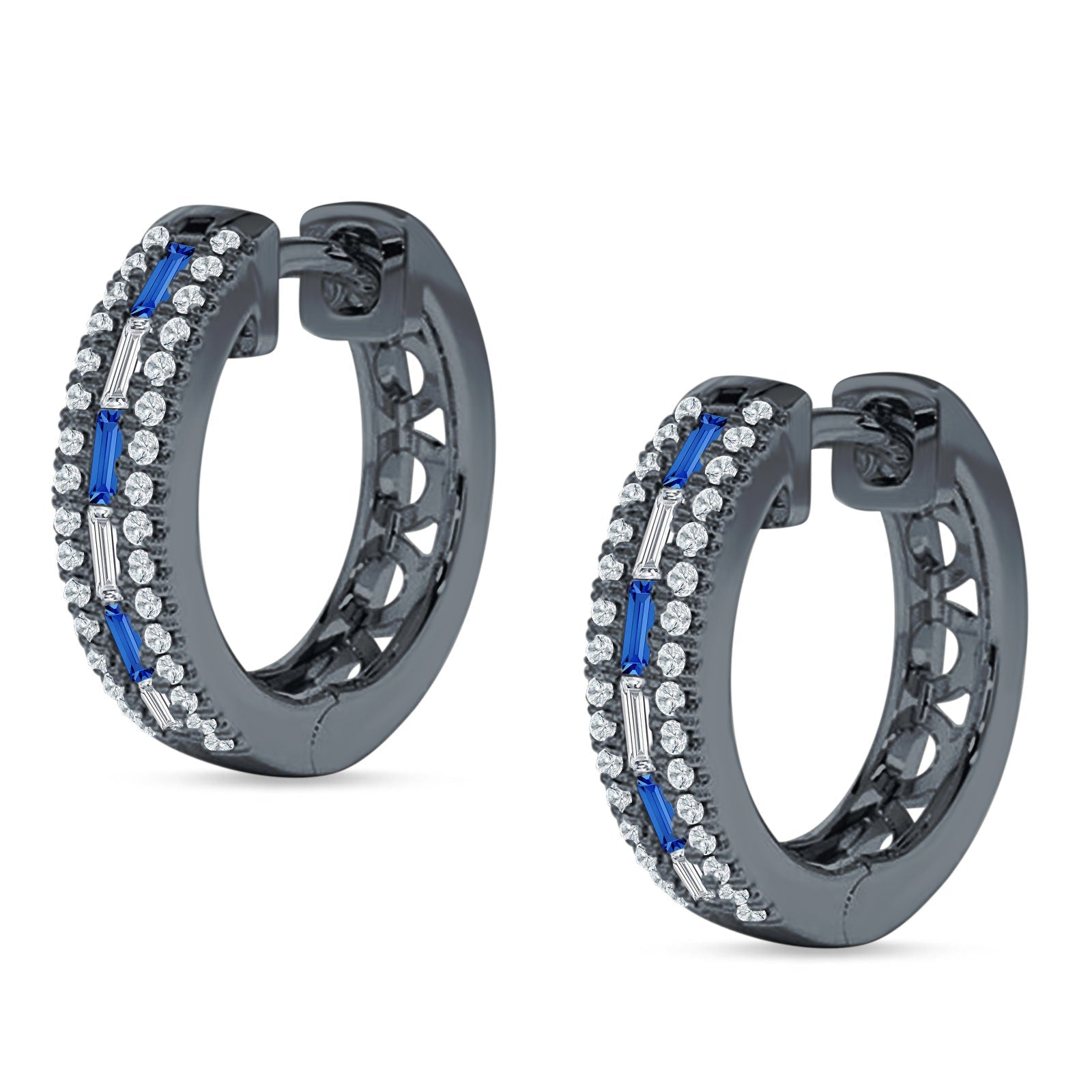 Round & Baguette Cubic Zirconia Huggie Hoop Earring 925 Sterling Silver