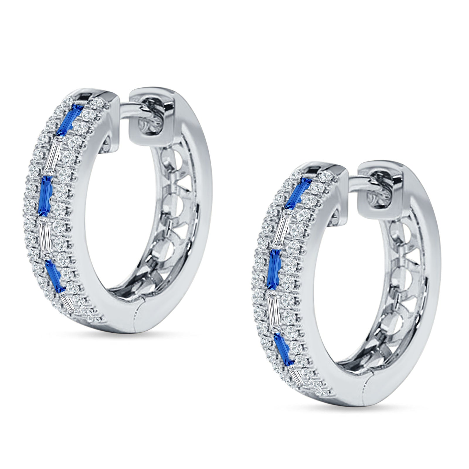 Round & Baguette Cubic Zirconia Huggie Hoop Earring 925 Sterling Silver