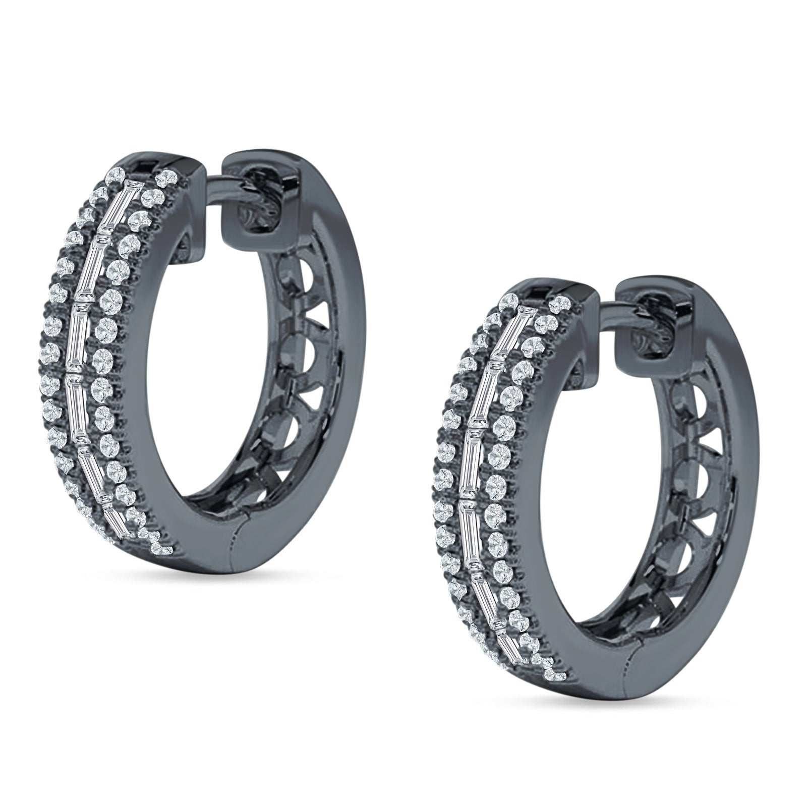 Round & Baguette Cubic Zirconia Huggie Hoop Earring 925 Sterling Silver